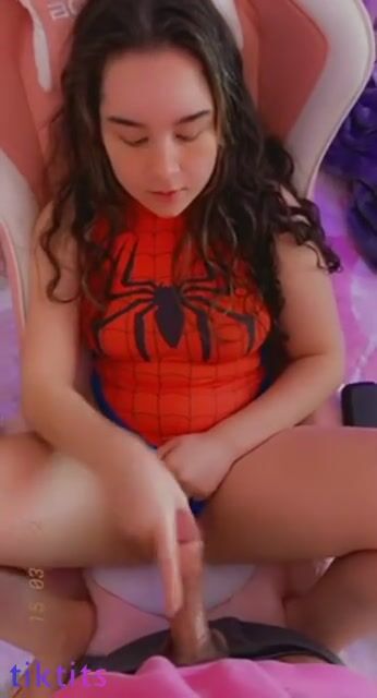 Emily Gholam handjob on spiderman costume